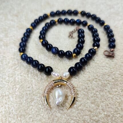 navy blue natural stone crescent necklace